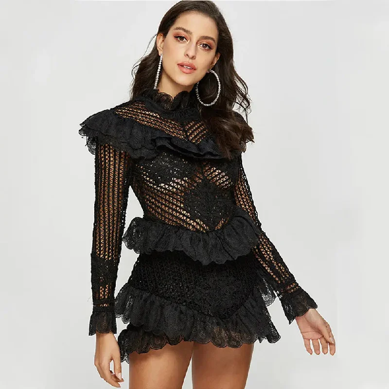 Lace Hollowed Out Cake Mini Dress Comfortable Zip-Up Mini Dress