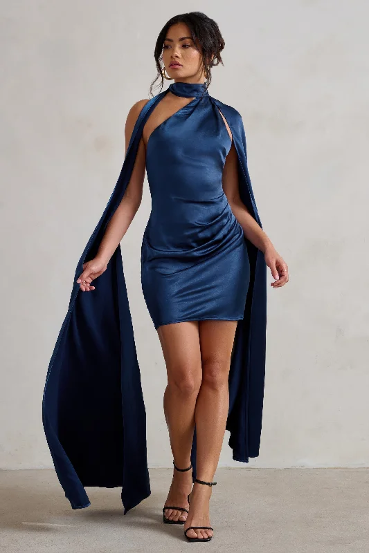 Laurelie | Navy Satin Statement Cape Design Mini Dress Trendy Denim Mini Dress