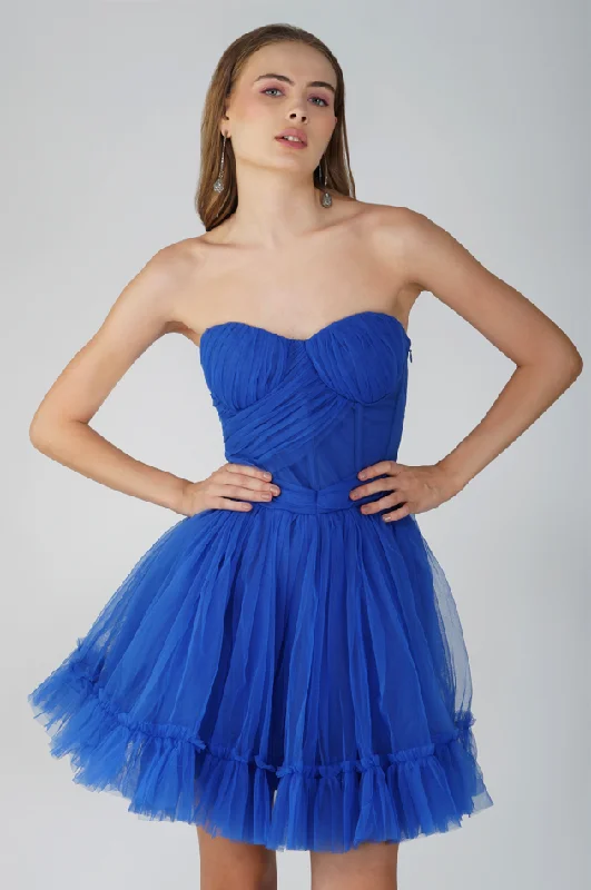 Lauren Cobalt Blue Tulle Mini Dress Stylish Short-Sleeve Mini Dress