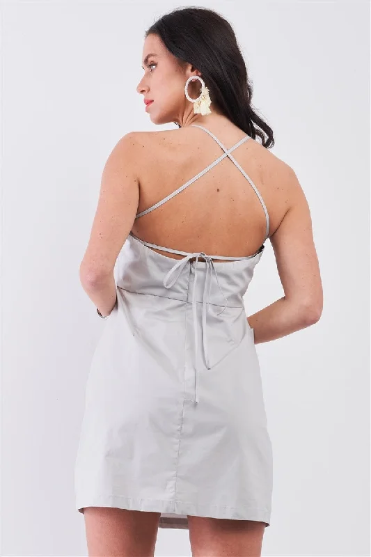 Light Grey Cotton Sleeveless Back Criss Cross Straps Square Neck Side Pockets Apron Mini Dress Fashionable Party Mini Dress