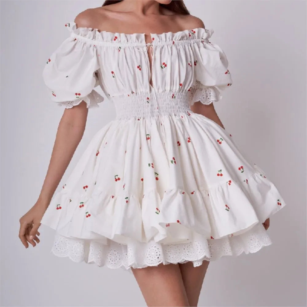 LIZAKOSHT  -  Princess Yellow Cherry Print Spliced Lace Corset Style Mini Dress Women Puff Sleeve Slim Waist Ruffle Hem Cake Party Robe Fashionable Pleated Mini Dress