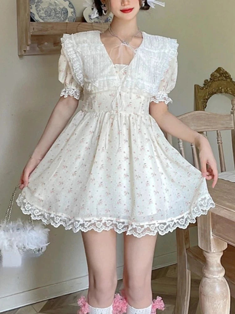 LIZAKOSHT  -  Sailor Colla Sweet Kawaii Dress Women Lace France Style Vintage Mini Dress Female Flower Print Chic Korean Fashion Dress Classic Floral Print Mini Dress