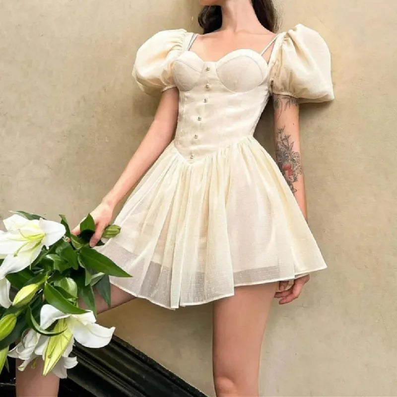 LIZAKOSHT  -  Women Puff Sleeve Slim Waist Ruffle Hem Cake Mini Party Robe Princess White Bright Rayon Bra Chest Corset Style Mini Dress Cozy Ribbed Mini Dress