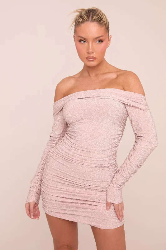 Pink Lurex Bardot Ruched Bodycon Mini Dress - Vivian Cozy Sweater Mini Dress