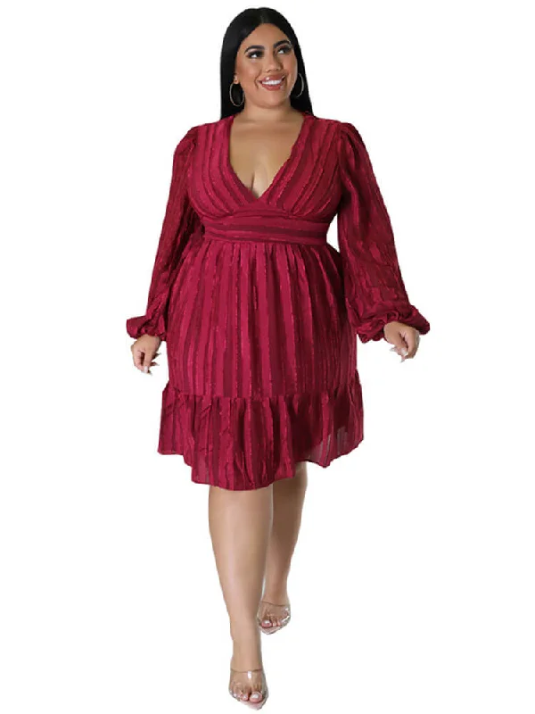 Plus Size Deep V Neck Long Puff Sleeve Mini Dresses Cozy Knitted Mini Dress