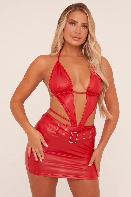 Red Faux Leather Halter Tie Detail Mini Dress - Annalina Casual V-Neck Mini Dress