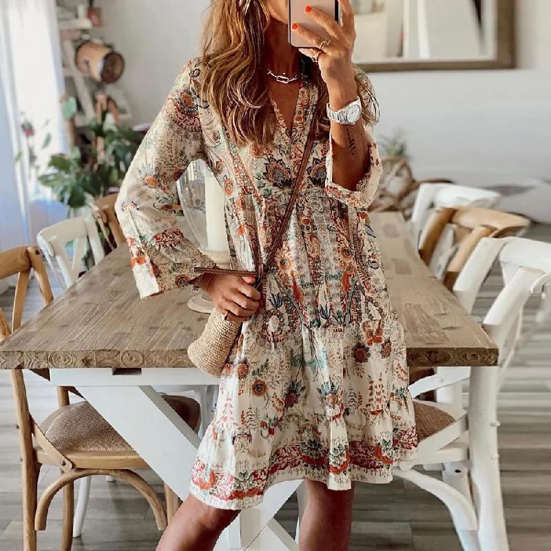 Retro Print V-Neck Long Sleeve Mini Dress Fashionable Mini Dress with Pockets