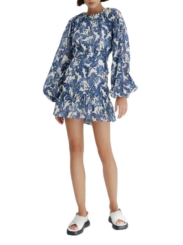 Scarlett Mini Dress Indigo Stencil Floral Stylish Puff Sleeve Mini Dress