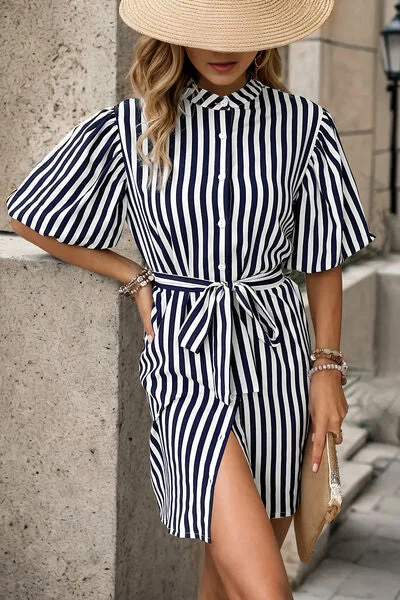 Striped Button Up Tie Waist Mini Dress Chic Tropical Mini Dress