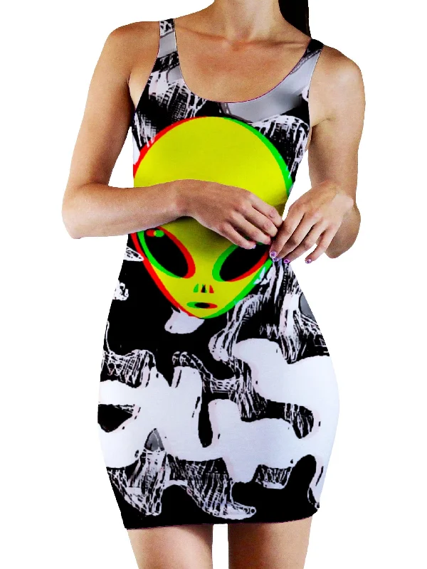 Trippy Alien Bodycon Mini Dress Casual Button-Up Mini Dress