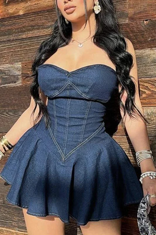 TUBE DENIM RUFFLE MINI DRESS Cozy Ribbed Mini Dress