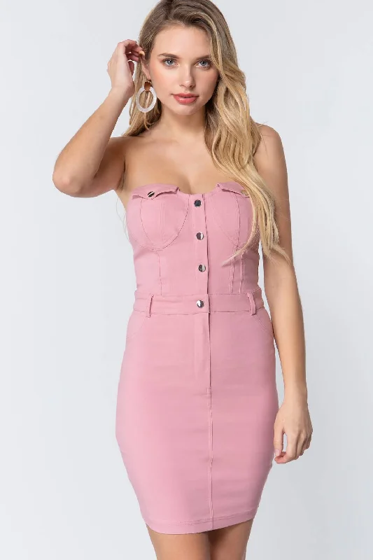 Active USA | Women Strapless Button Down Mini Dress in Modern Pink Stylish Sweetheart Mini Dress