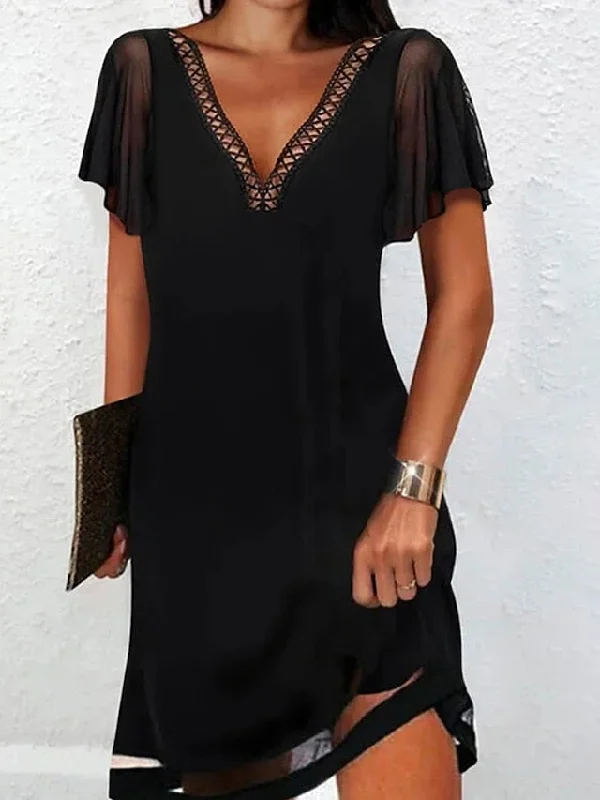 Women's Casual Dress Lace Dress Mini Dress Black Short Sleeve Pure Color Hollow Out Summer Spring V Neck Modern  S M L XL 2XL 3XL Elegant Satin Mini Dress