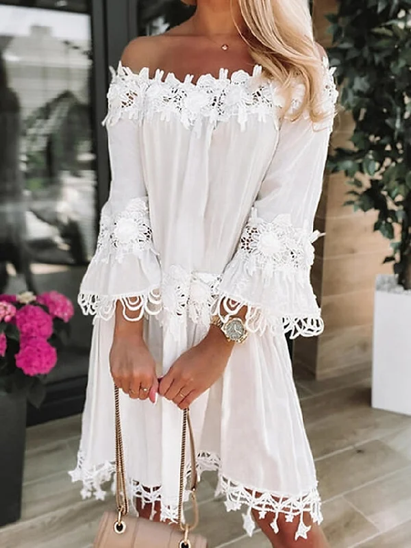 Women's Casual Dress Lace Dress Shift Dress Plain Lace Backless Off Shoulder Mini Dress Basic Elegant Outdoor Daily 3/4 Length Sleeve Loose Fit White Spring Summer S M L XL XXL Elegant Satin Lace Mini Dress