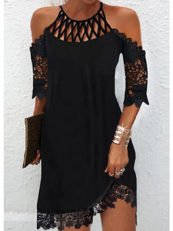 Women's Casual Dress Lace Dress T Shirt Dress Tee Dress Mini Dress Black Half Sleeve Pure Color Lace Spring Summer Halter Fashion Date Vacation S M L XL XXL 3XL Elegant Mini Dress with Ruffles